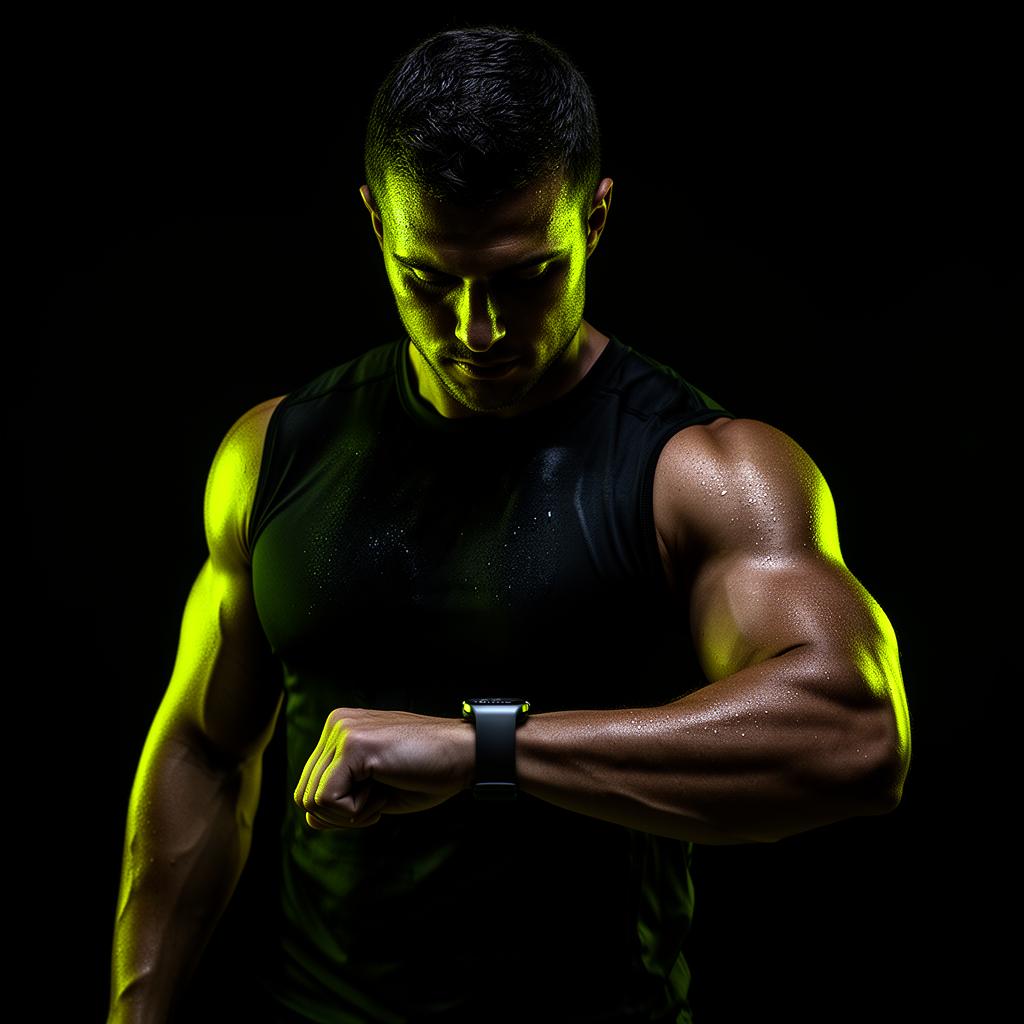 Athlete checking fitness tracker in dramatic studio lighting